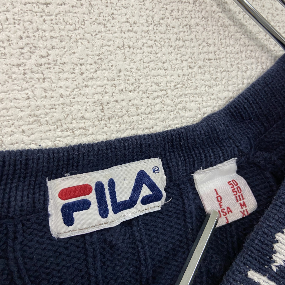 90s～　FILA　フィラ　コットンニットセーター　ケーブルニット　ユーロヴィンテージ　紺　ネイビー　XLサイズ　古着