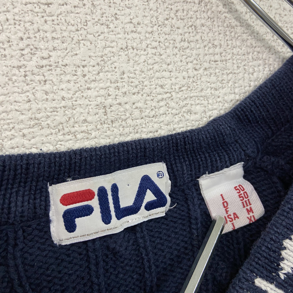 90s～　FILA　フィラ　コットンニットセーター　ケーブルニット　ユーロヴィンテージ　紺　ネイビー　XLサイズ　古着