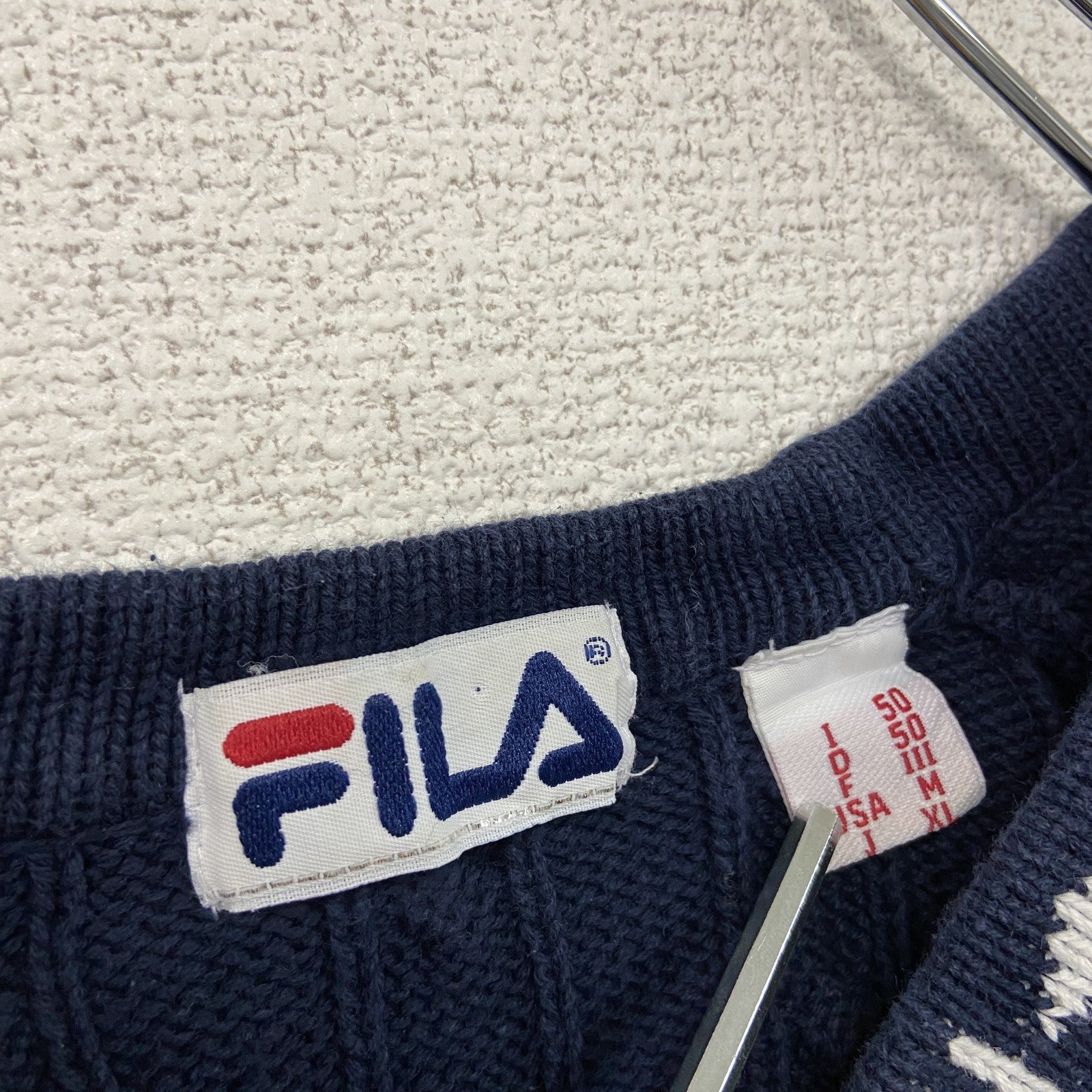 90s～　FILA　フィラ　コットンニットセーター　ケーブルニット　ユーロヴィンテージ　紺　ネイビー　XLサイズ　古着