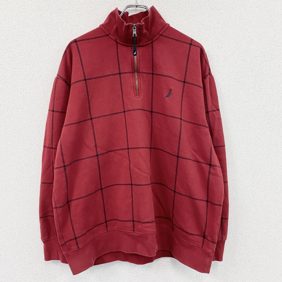 NAUTICA　ノーティカ　ハーフジップスウェット/トレーナー　チェック柄　赤　レッド　2XLサイズ　古着
