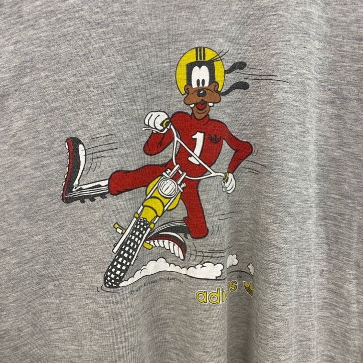 80s　adidas　アディダス　グーフィー　半袖キャラクタープリントTシャツ　ヴィンテージ　灰　グレー　