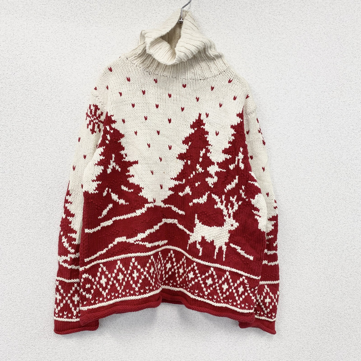 LIZ claiborne　タートルネックコットンニットセーター　総柄　赤　レッド　Lサイズ　古着