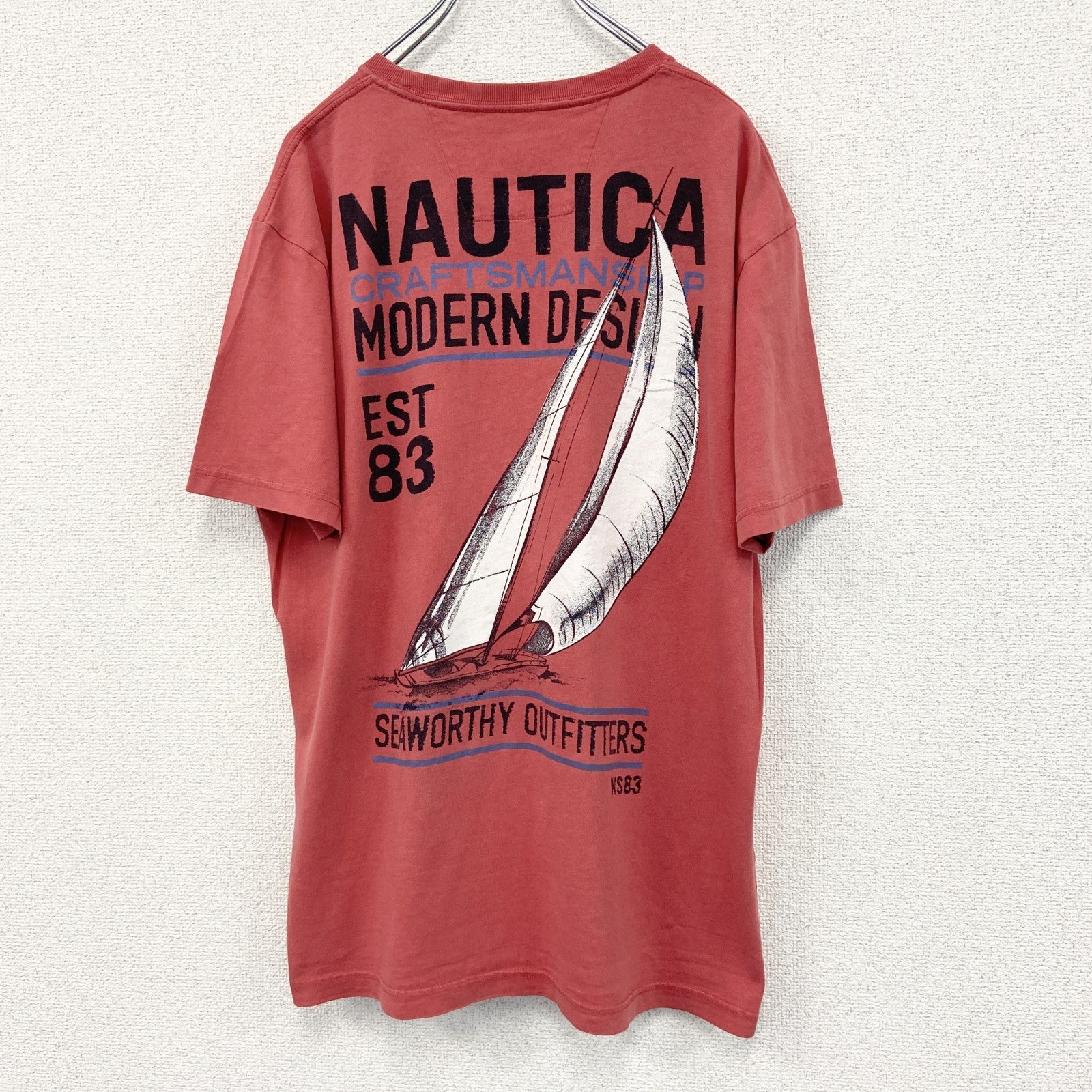 NAUTICA　半袖プリントTシャツ　ヨット　赤　レッド　カジュアルデザイン　クルーネック　レトロ　Lサイズ　古着