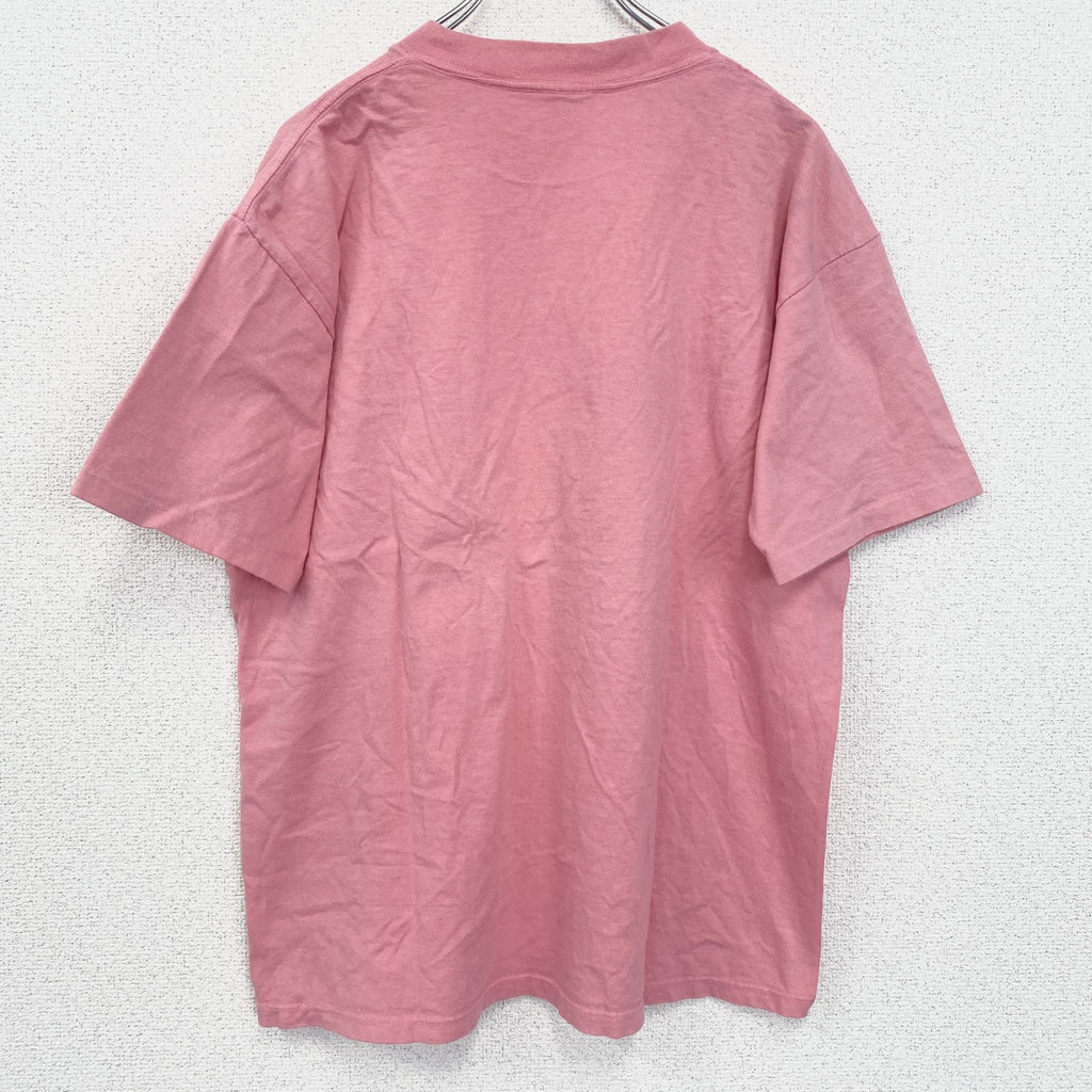 半袖刺繍Tシャツ　90s　レトロデザイン　ヴィンテージ　クルーネック　シングルステッチ　ピンク　Lサイズ　古着