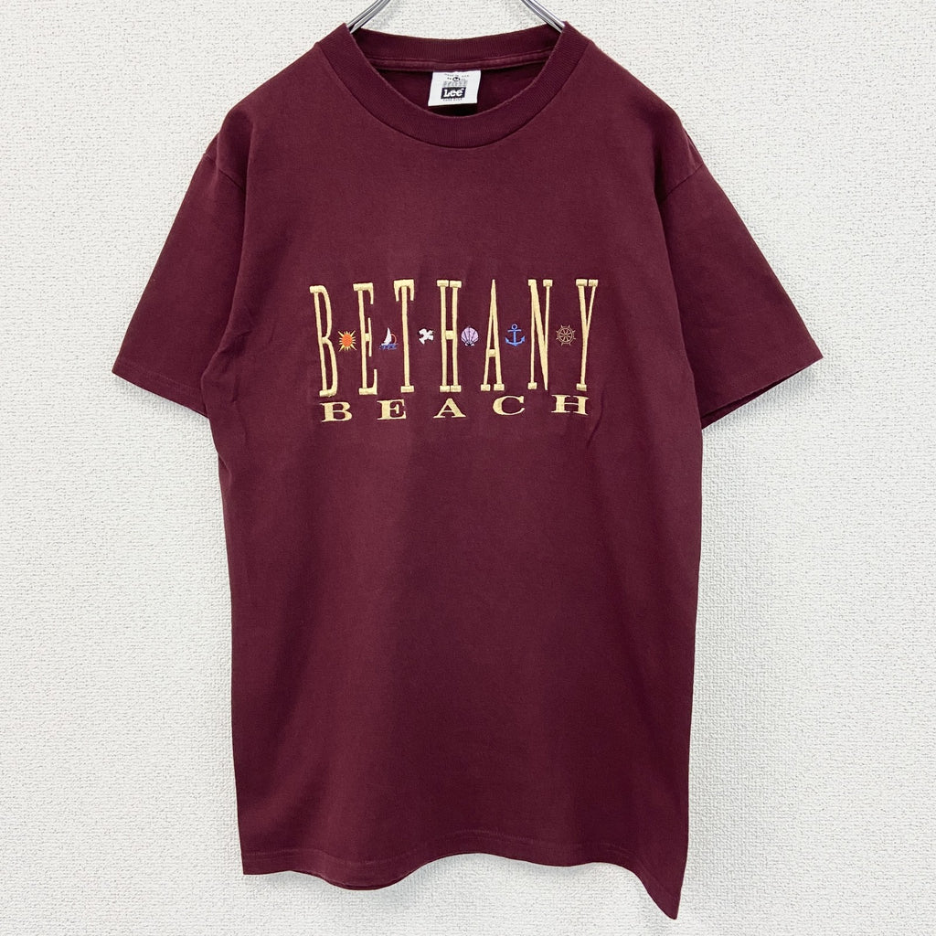 90s　Lee　リー　半袖プリントTシャツ　刺繍ロゴ　クルーネック　ヴィンテージ　ボルドー　Mサイズ　古着