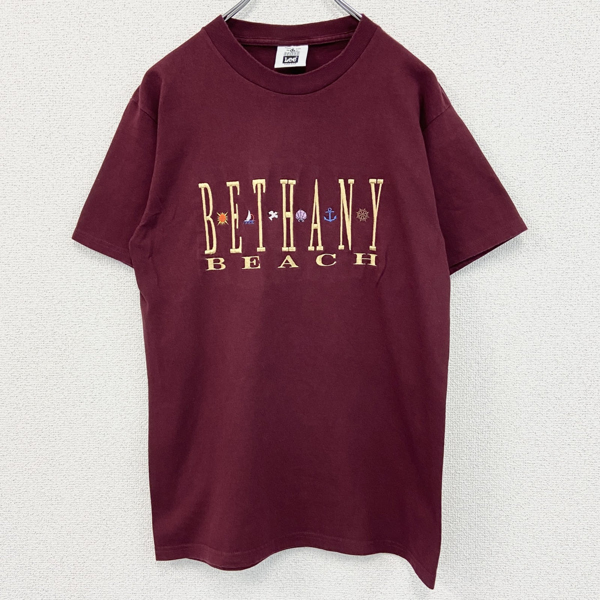 90s　Lee　リー　半袖プリントTシャツ　刺繍ロゴ　クルーネック　ヴィンテージ　ボルドー　Mサイズ　古着