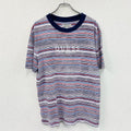 GUESS　ゲス　半袖プリントTシャツ　刺繍ロゴ　ワンポイント　ストライプ　マルチカラー　グレー　Mサイズ　古着