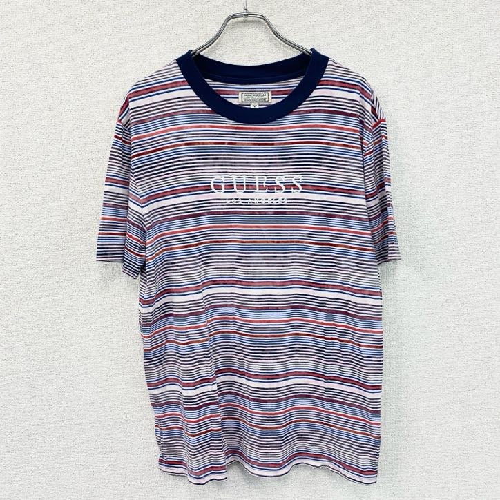 GUESS　ゲス　半袖プリントTシャツ　刺繍ロゴ　ワンポイント　ストライプ　マルチカラー　グレー　Mサイズ　古着
