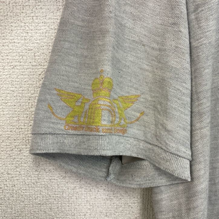 　FRUIT OF THE LOOM　半袖プリントポロシャツ　バックプリント　レトロ　国旗　灰　グレー　灰色　Lサイズ　古着