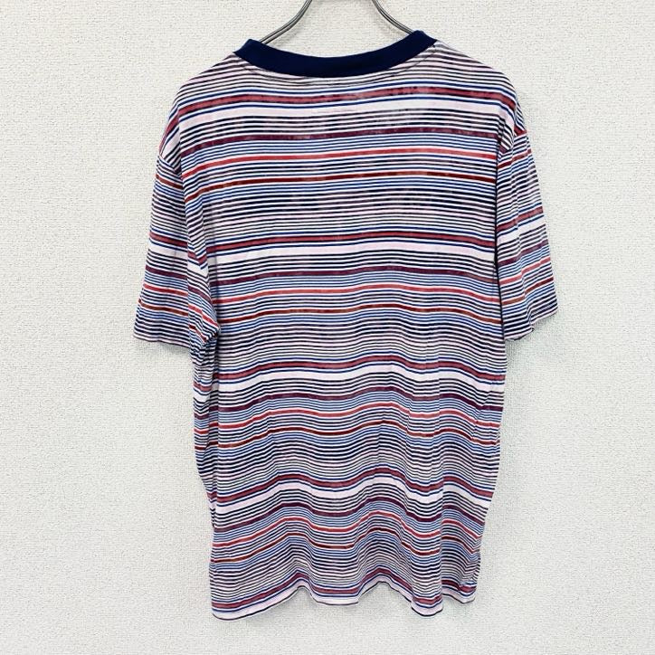 GUESS　ゲス　半袖プリントTシャツ　刺繍ロゴ　ワンポイント　ストライプ　マルチカラー　グレー　Mサイズ　古着