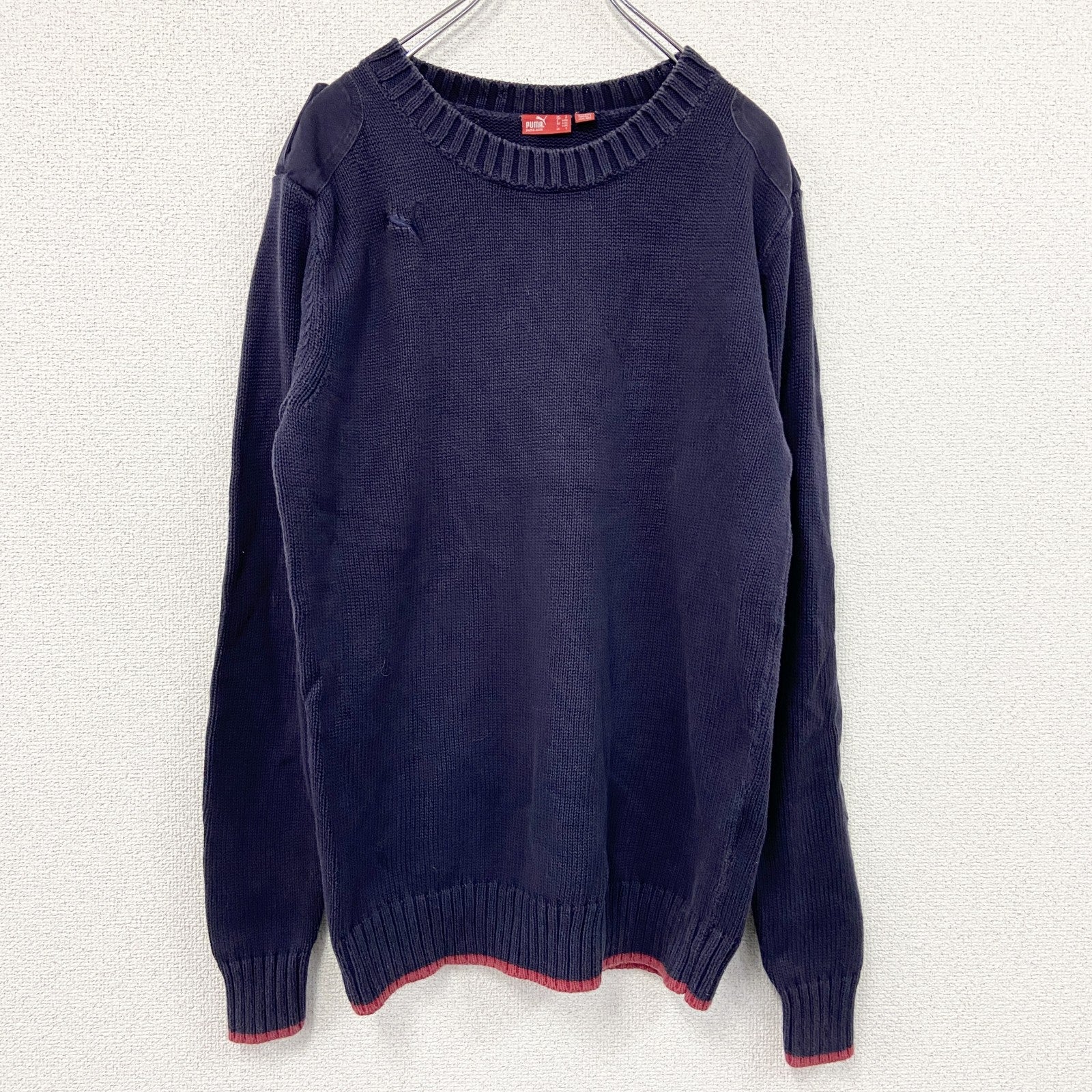 PUMA　プーマ　ニットセーター　エポレット　刺繍ロゴ　ワンポイント　紺　ネイビー　Sサイズ　古着