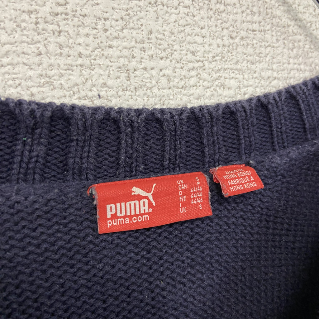 PUMA　プーマ　ニットセーター　エポレット　刺繍ロゴ　ワンポイント　紺　ネイビー　Sサイズ　古着