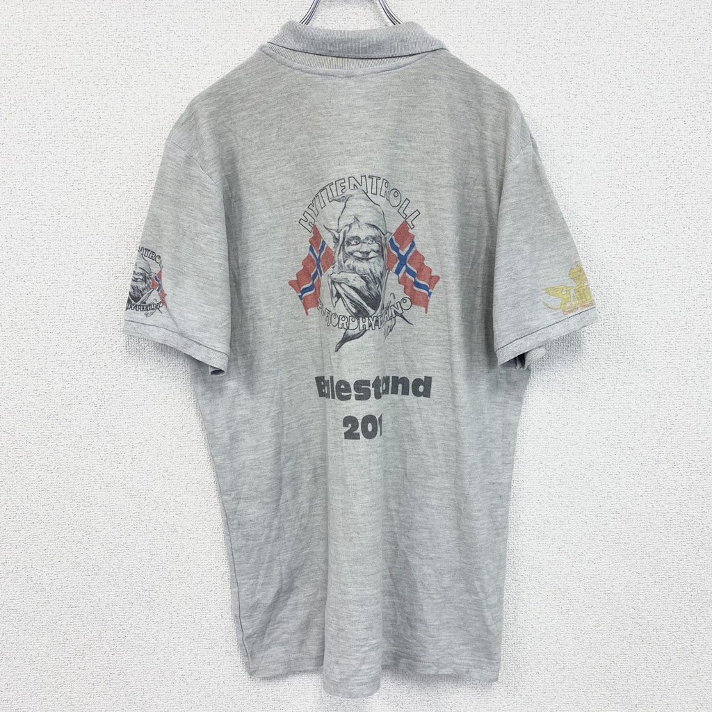 　FRUIT OF THE LOOM　半袖プリントポロシャツ　バックプリント　レトロ　国旗　灰　グレー　灰色　Lサイズ　古着
