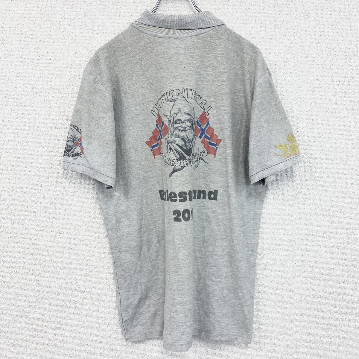 　FRUIT OF THE LOOM　半袖プリントポロシャツ　バックプリント　レトロ　国旗　灰　グレー　灰色　Lサイズ　古着
