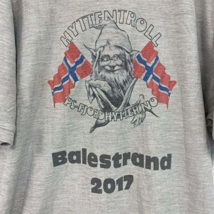 　FRUIT OF THE LOOM　半袖プリントポロシャツ　バックプリント　レトロ　国旗　灰　グレー　灰色　Lサイズ　古着