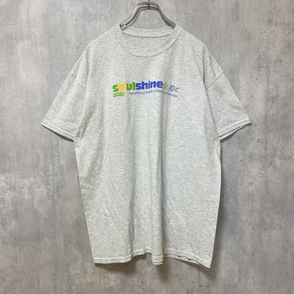 半袖プリントTシャツ　クルーネック　霜降りカラー　バックプリント　レトロデザイン　Lサイズ　古着