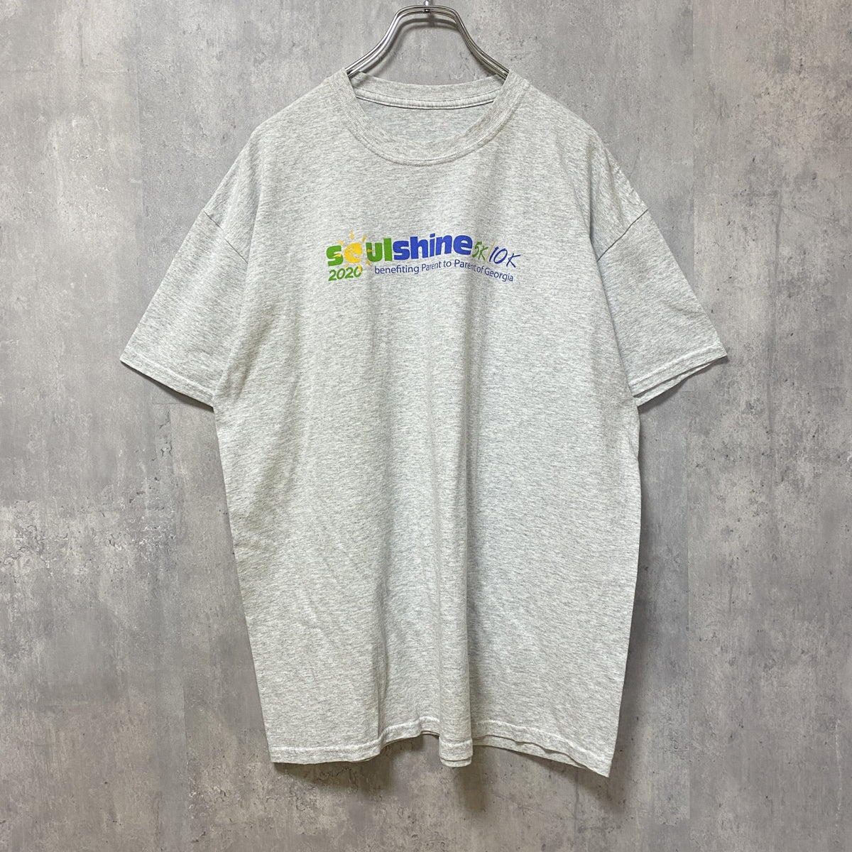 半袖プリントTシャツ　クルーネック　霜降りカラー　バックプリント　レトロデザイン　Lサイズ　古着