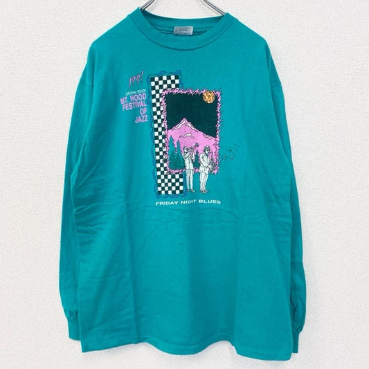 古着 used　90s　長袖プリントTシャツ　USA製　コットン100%　シングルステッチ　クルーネック　グリーン　XLサイズ