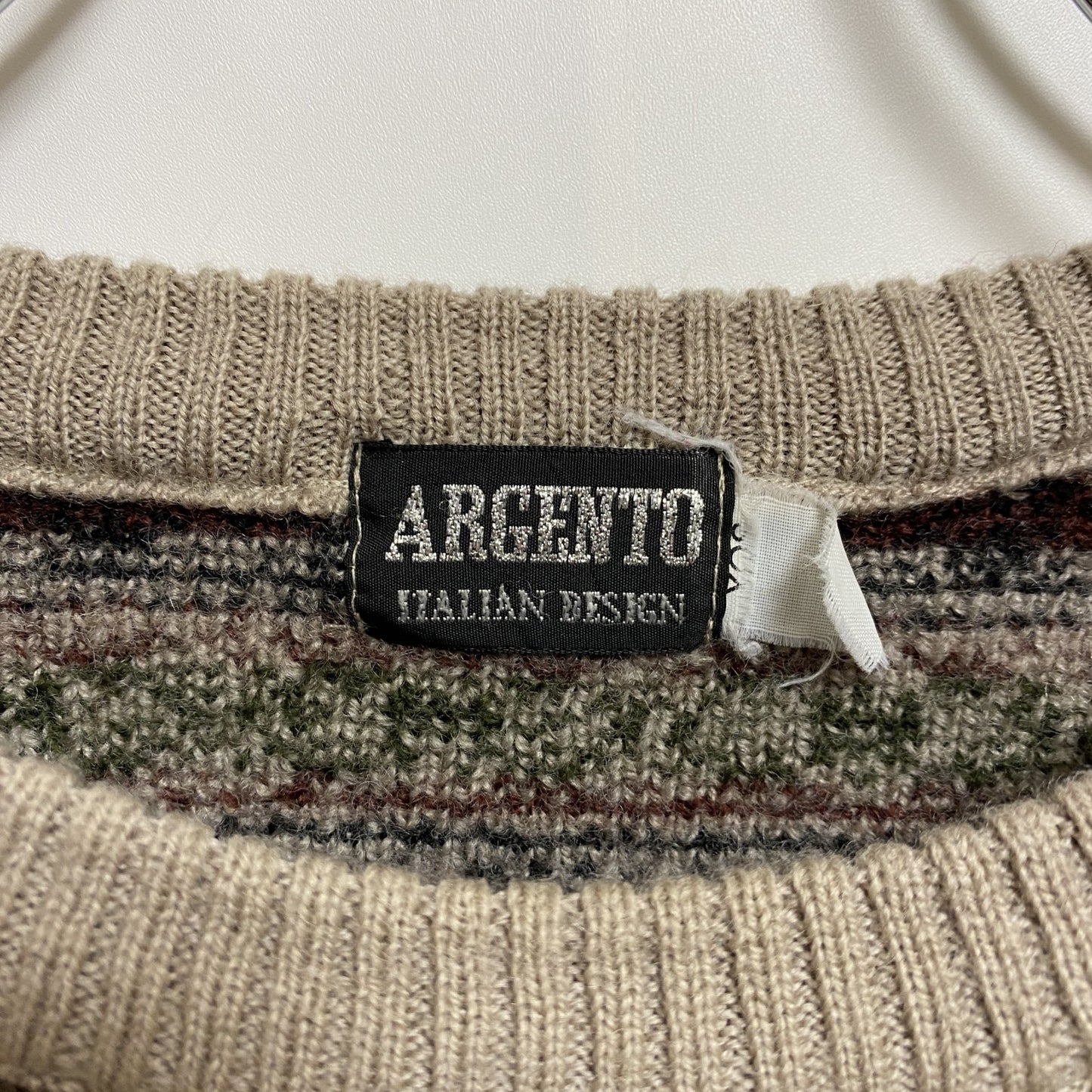 古着 used　ARGENTO　長袖総柄ニット　セーター　ボーダー　レトロデザイン　マルチカラー　クルーネック　秋冬服　Lサイズ