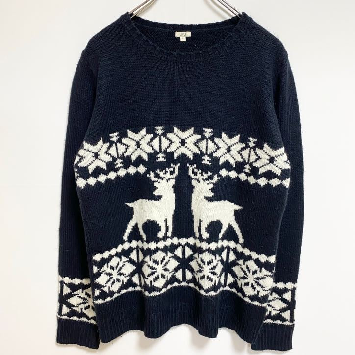 OVS　長袖デザインニット　セーター　ノルディック柄　トナカイ　レトロ　クルーネック　秋冬服　Lサイズ　古着