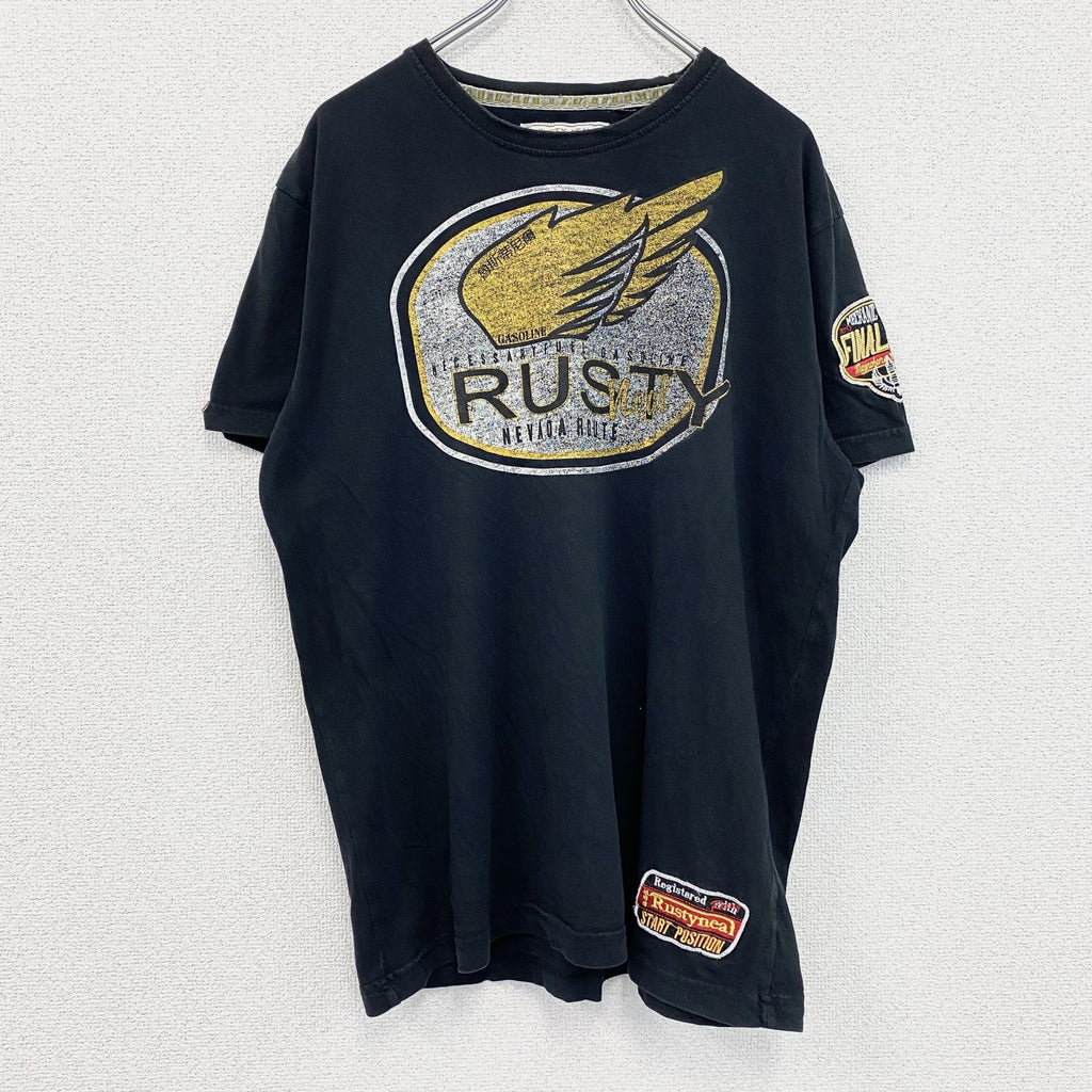 RUSTY　半袖プリントTシャツ　レトロデザイン　クルーネック　ロゴ刺繍　黒　ブラック　XXLサイズ　古着