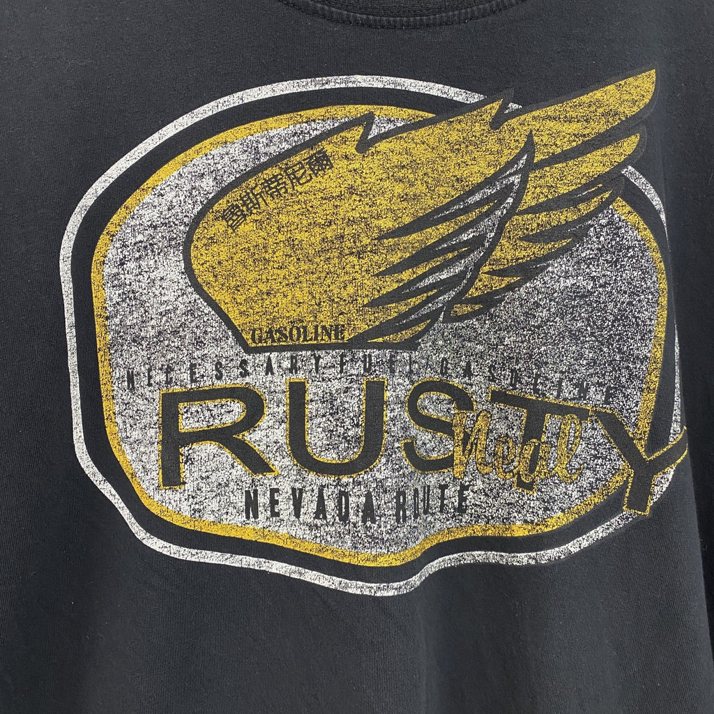 RUSTY　半袖プリントTシャツ　レトロデザイン　クルーネック　ロゴ刺繍　黒　ブラック　XXLサイズ　古着