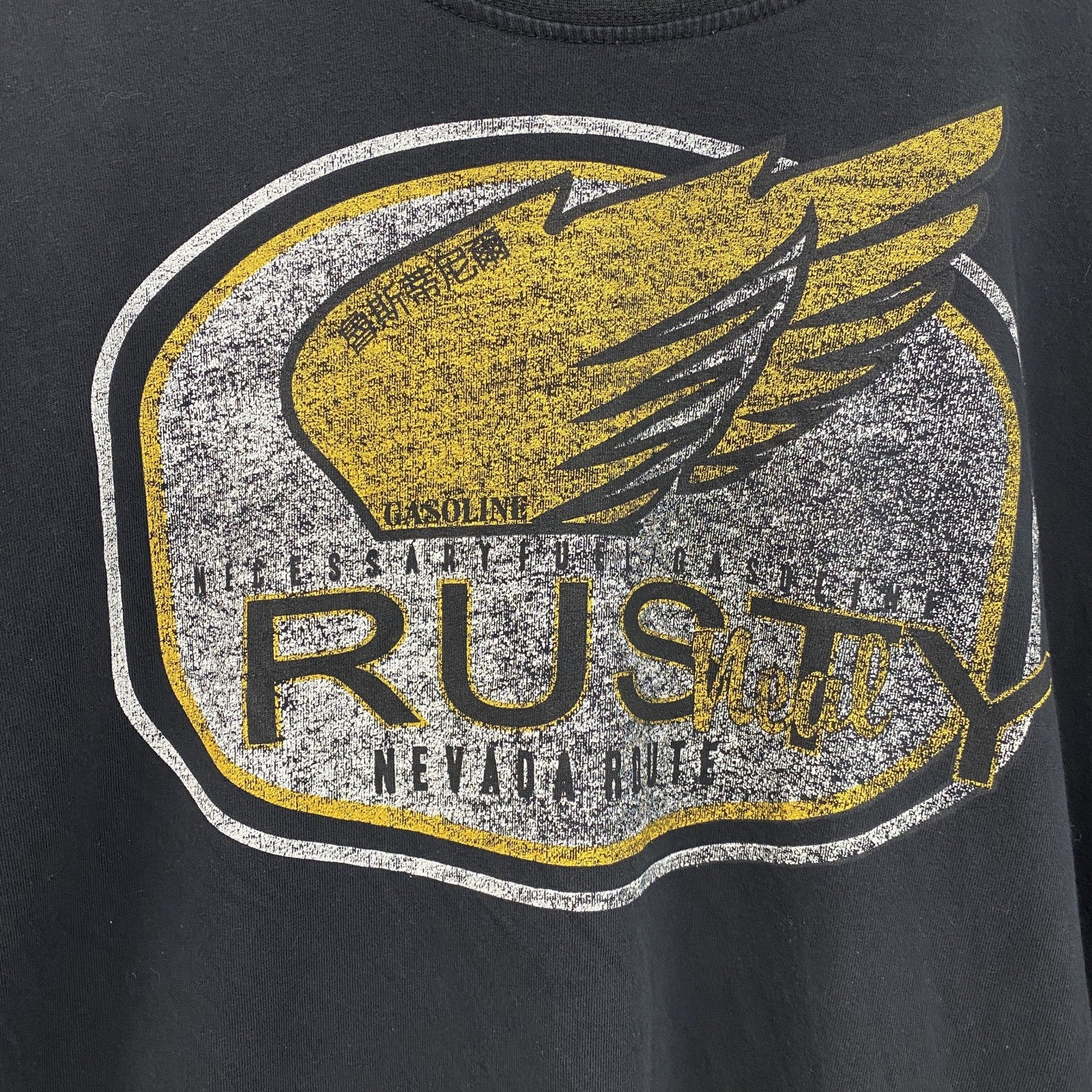 RUSTY　半袖プリントTシャツ　レトロデザイン　クルーネック　ロゴ刺繍　黒　ブラック　XXLサイズ　古着