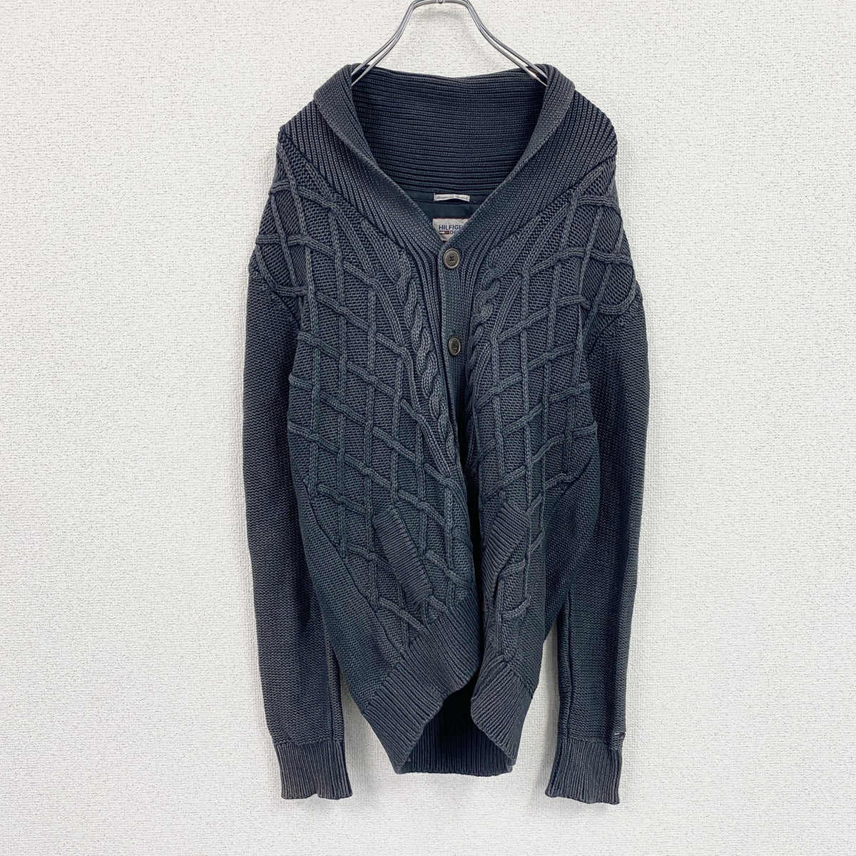 TOMMY HILFIGER DENIM　トミーヒルフィガーデニム　コットンケーブルニットカーディガン　紺　ネイビー　Sサイズ　古着