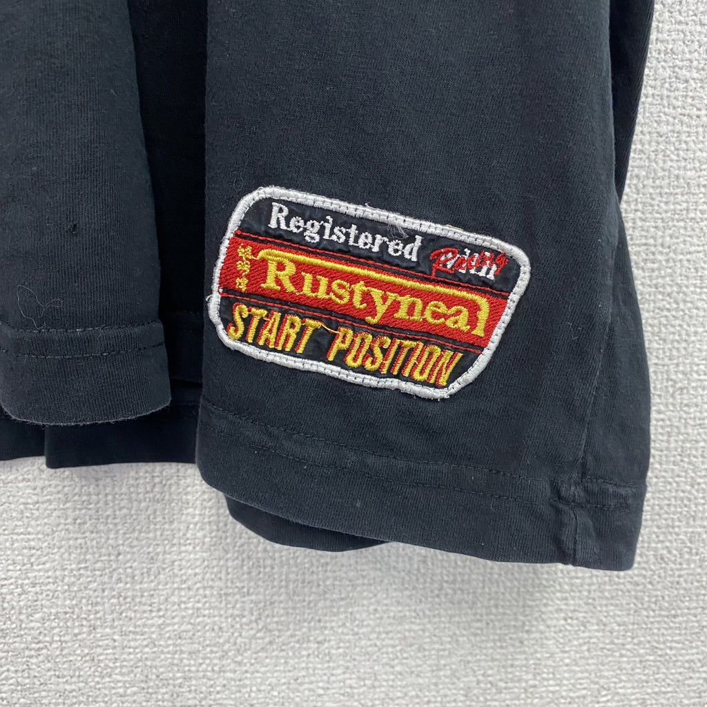RUSTY　半袖プリントTシャツ　レトロデザイン　クルーネック　ロゴ刺繍　黒　ブラック　XXLサイズ　古着