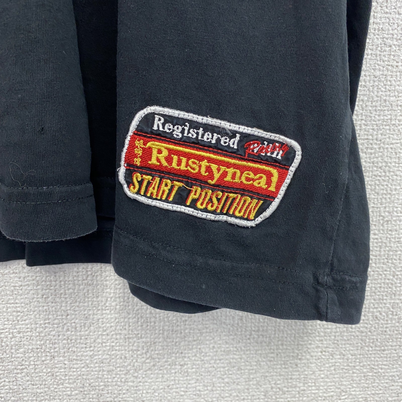 RUSTY　半袖プリントTシャツ　レトロデザイン　クルーネック　ロゴ刺繍　黒　ブラック　XXLサイズ　古着