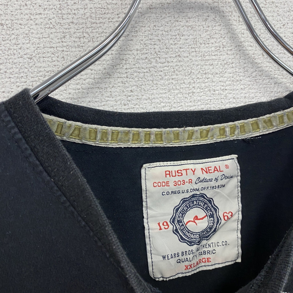 RUSTY　半袖プリントTシャツ　レトロデザイン　クルーネック　ロゴ刺繍　黒　ブラック　XXLサイズ　古着