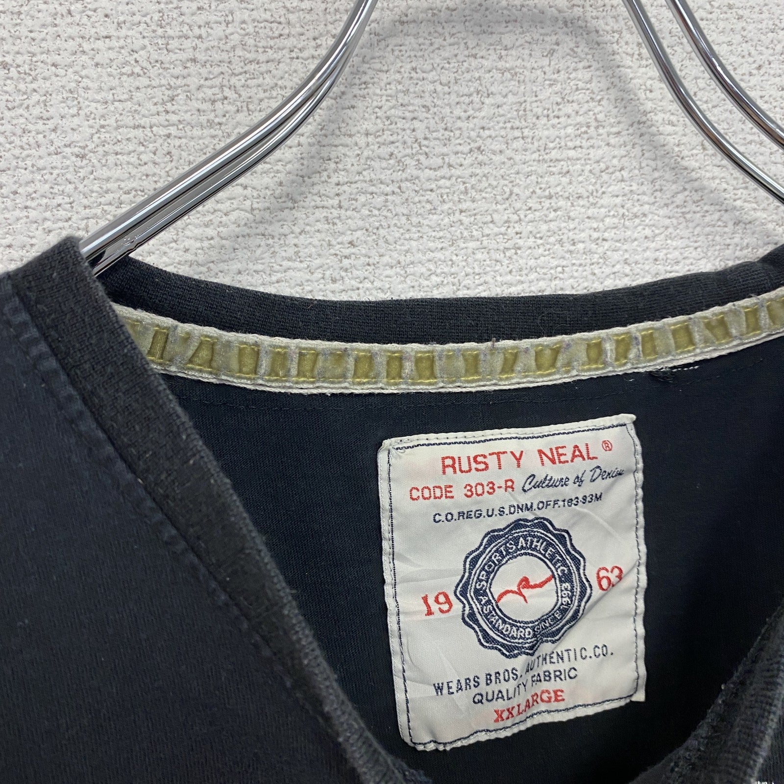 RUSTY　半袖プリントTシャツ　レトロデザイン　クルーネック　ロゴ刺繍　黒　ブラック　XXLサイズ　古着