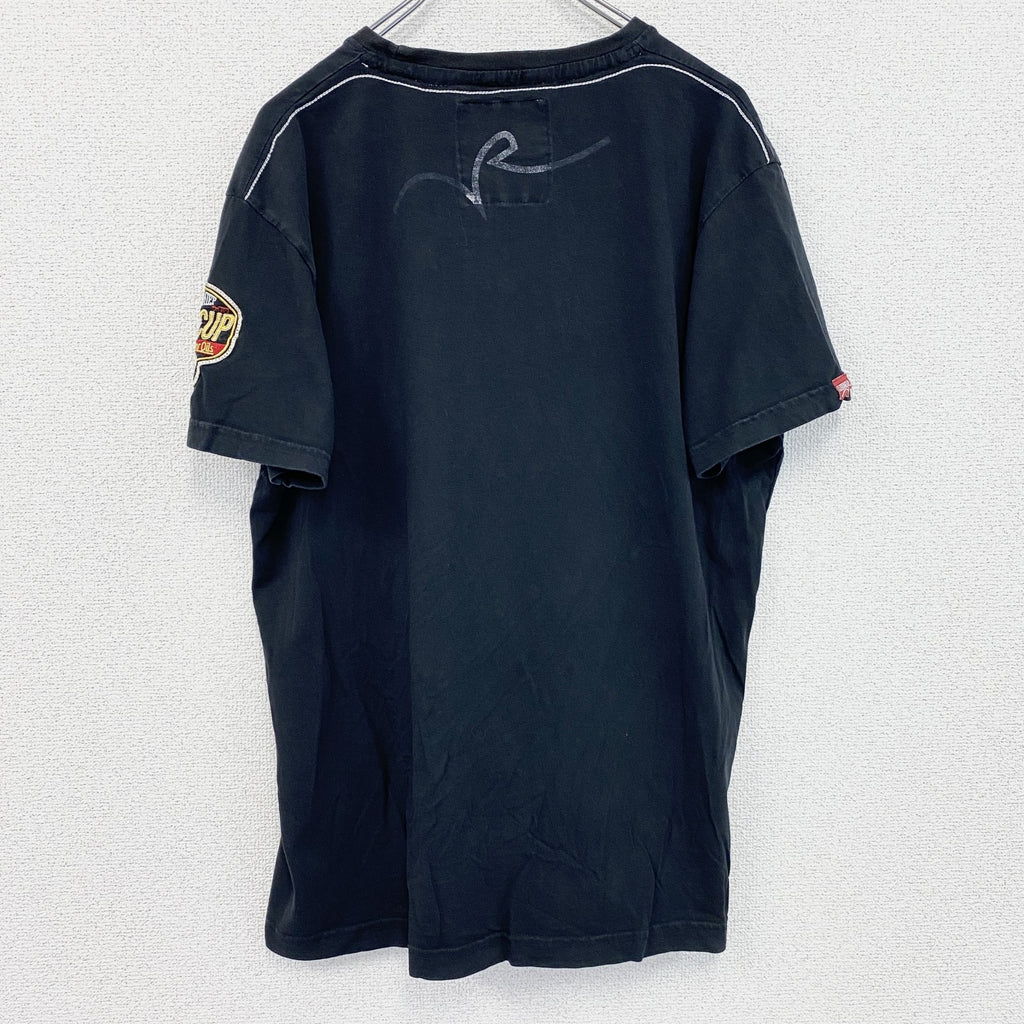 RUSTY　半袖プリントTシャツ　レトロデザイン　クルーネック　ロゴ刺繍　黒　ブラック　XXLサイズ　古着