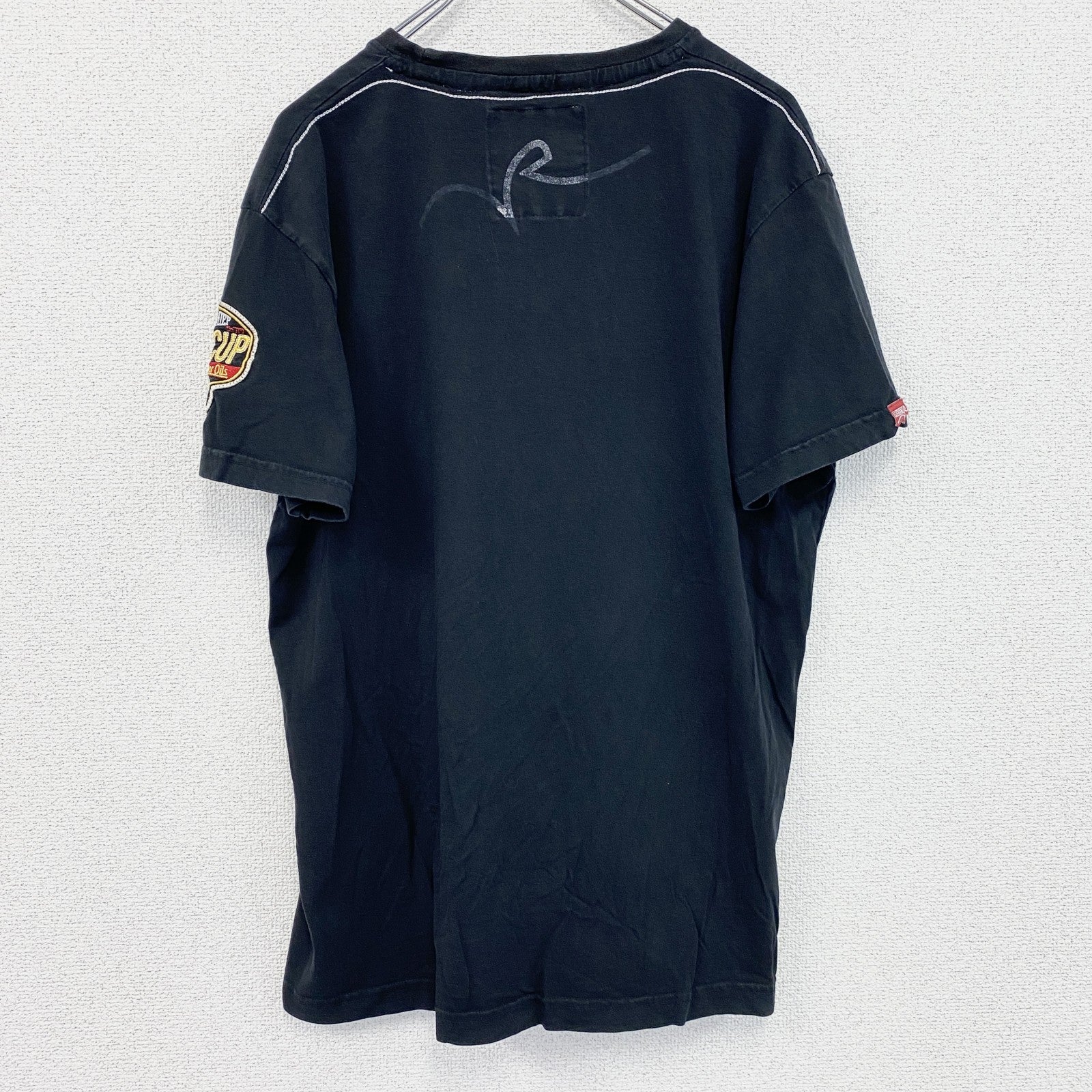 RUSTY　半袖プリントTシャツ　レトロデザイン　クルーネック　ロゴ刺繍　黒　ブラック　XXLサイズ　古着