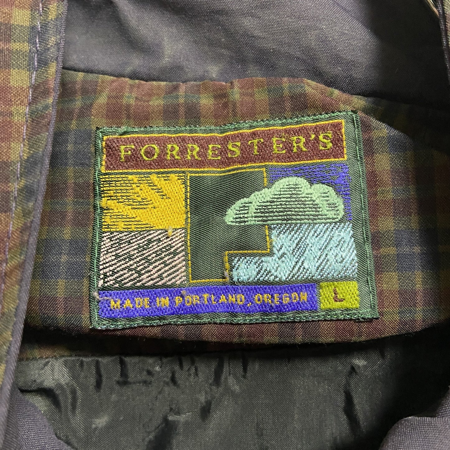 古着 used　FORRESTERS 長袖チェック切り替えナイロンジャケット　レトロデザイン　ネイビー　ブラウン　Lサイズ