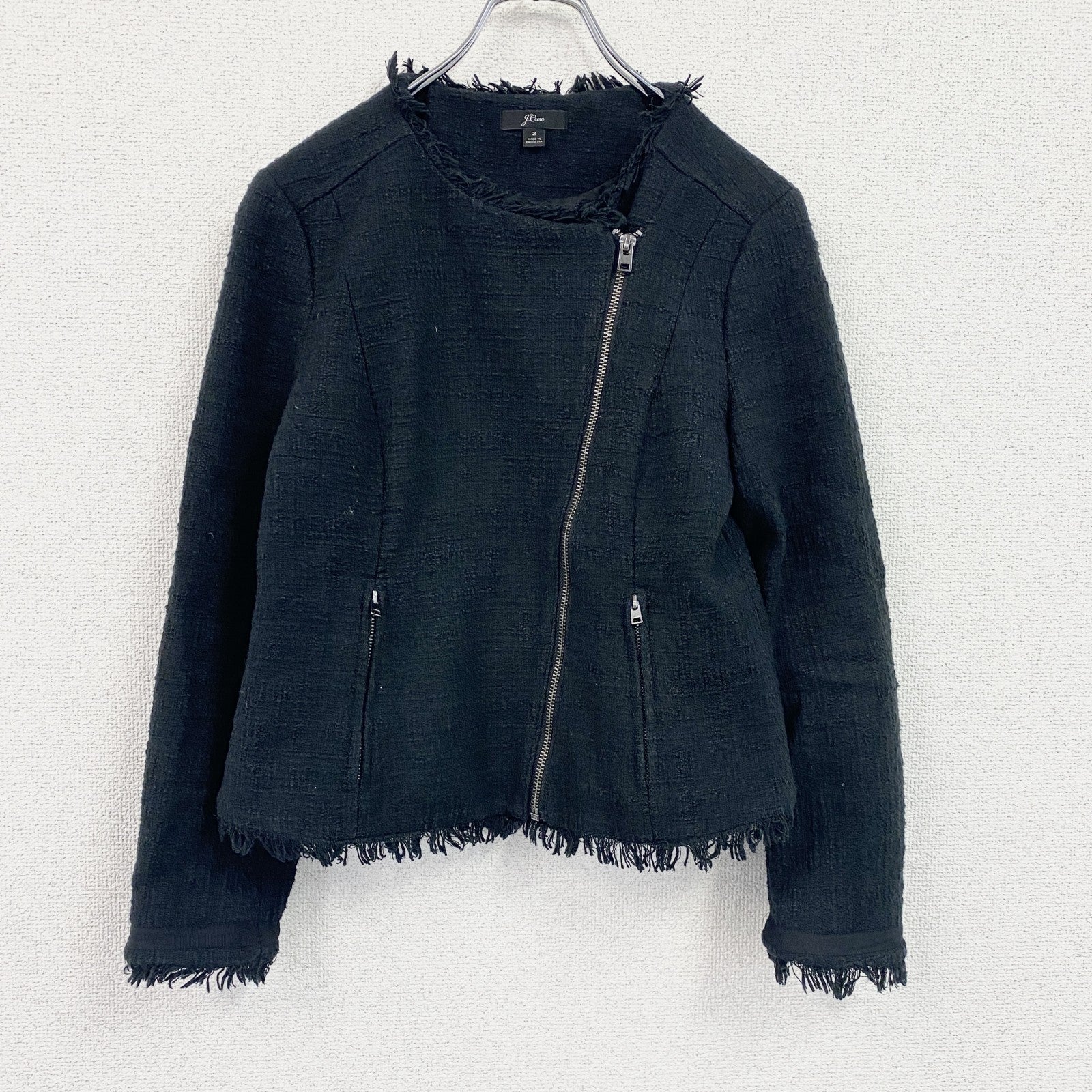 J.CREW　ジェイクルー　ツイードジャケット　ノーカラー　黒　ブラック　2サイズ　古着