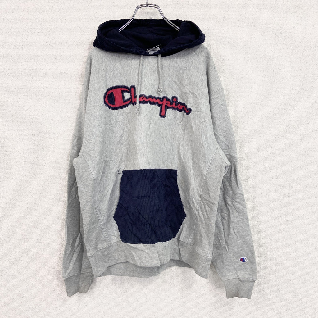 Champion　チャンピオン　スウェットパーカー/フーディー　切り替えカラー　デカロゴ　ワッペン　刺繍ロゴ　灰色　グレー　Lサイズ トレーナー スウェットトップス フード付き 古着