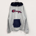 Champion　チャンピオン　スウェットパーカー/フーディー　切り替えカラー　デカロゴ　ワッペン　刺繍ロゴ　灰色　グレー　Lサイズ トレーナー スウェットトップス フード付き 古着