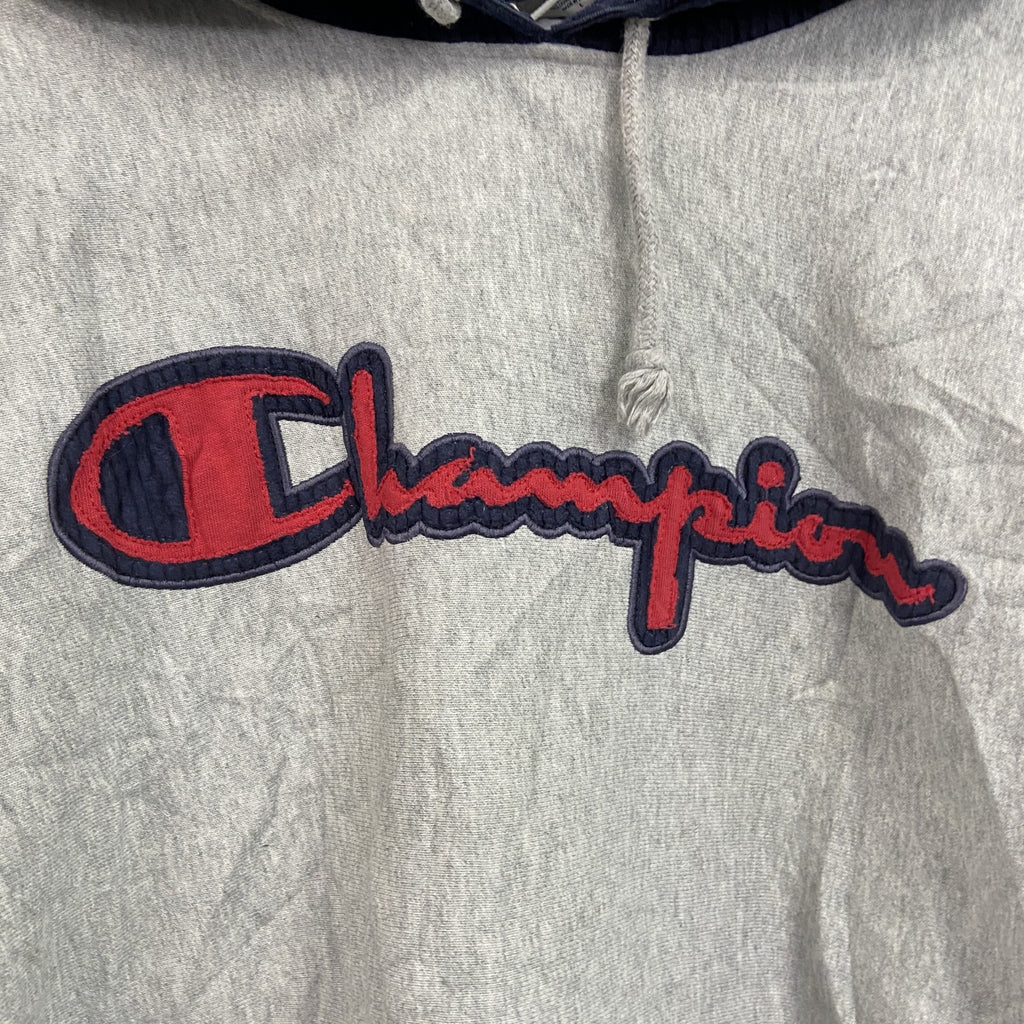 Champion　チャンピオン　スウェットパーカー/フーディー　切り替えカラー　デカロゴ　ワッペン　刺繍ロゴ　灰色　グレー　Lサイズ トレーナー スウェットトップス フード付き 古着