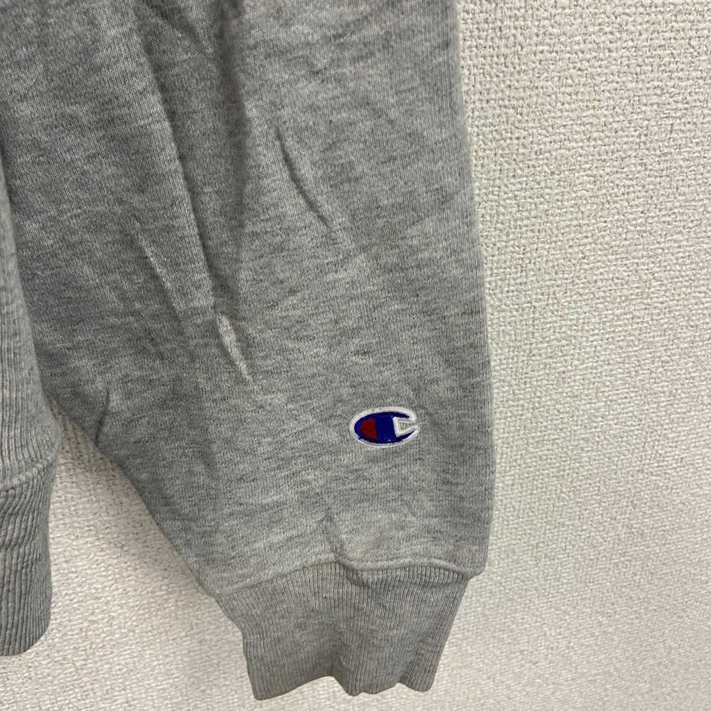 Champion　チャンピオン　スウェットパーカー/フーディー　切り替えカラー　デカロゴ　ワッペン　刺繍ロゴ　灰色　グレー　Lサイズ トレーナー スウェットトップス フード付き 古着