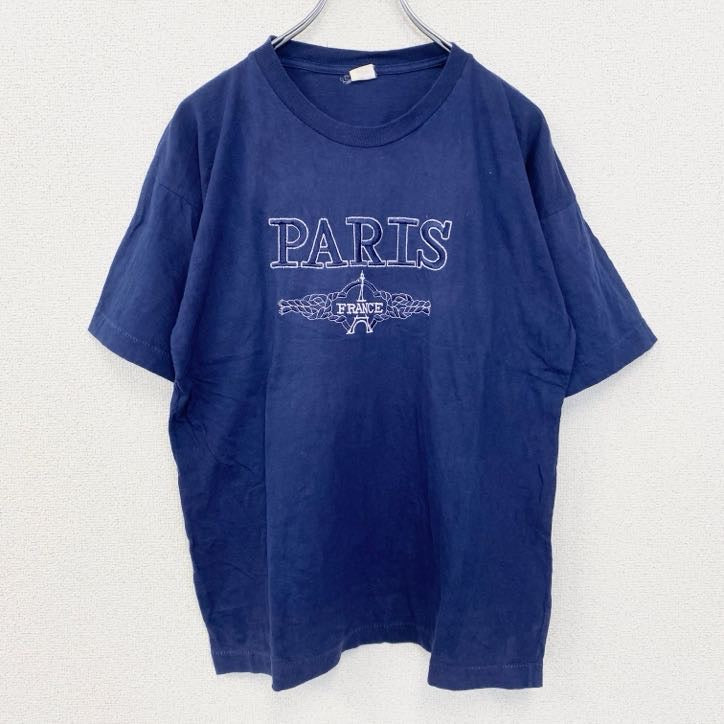 90s　半袖プリントTシャツ　刺繍　ステッチ　シングルステッチ　シンプル　紺　ネイビー　XLサイズ　　ヴィンテージ　古着