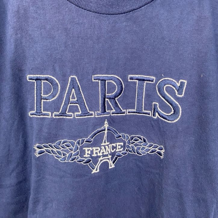 90s　半袖プリントTシャツ　刺繍　ステッチ　シングルステッチ　シンプル　紺　ネイビー　XLサイズ　　ヴィンテージ　古着