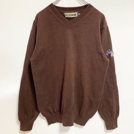 古着 used　Billabong　ビラボン　長袖ワンポイント刺繍ニット　セーター　Vネック　茶色　ブラウン　秋冬服　Lサイズ