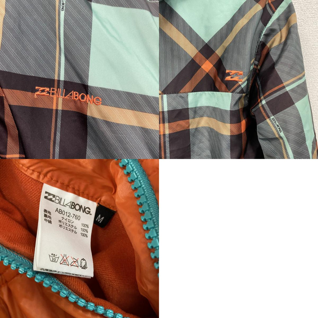 BILLABONG　ビラボン　フルジップナイロンジャケット　中綿入り　ハの字ポケット　リバーシブル　オレンジ　チェック柄　古着