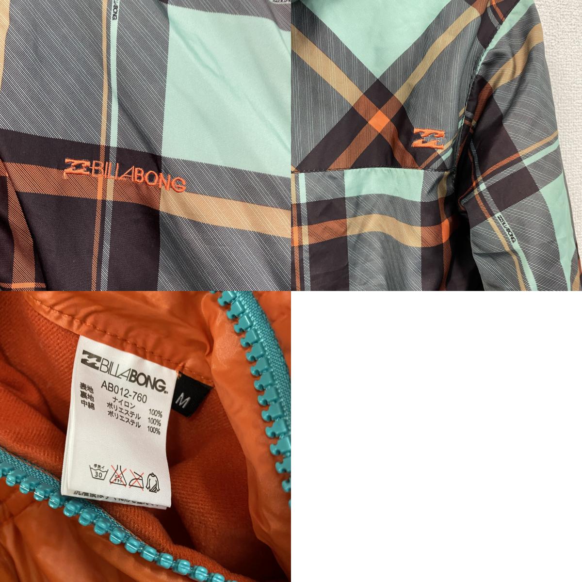 BILLABONG　ビラボン　フルジップナイロンジャケット　中綿入り　ハの字ポケット　リバーシブル　オレンジ　チェック柄　古着