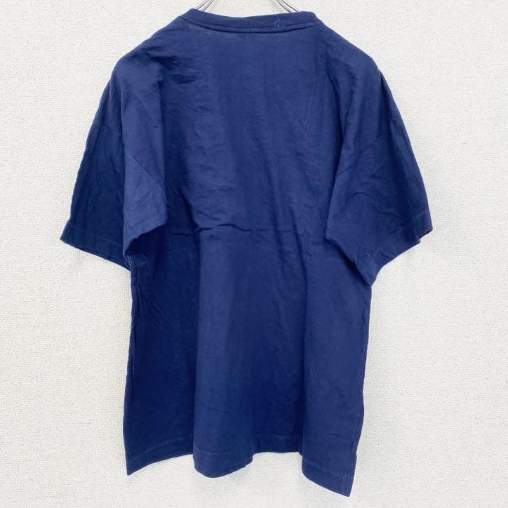 90s　半袖プリントTシャツ　刺繍　ステッチ　シングルステッチ　シンプル　紺　ネイビー　XLサイズ　　ヴィンテージ　古着