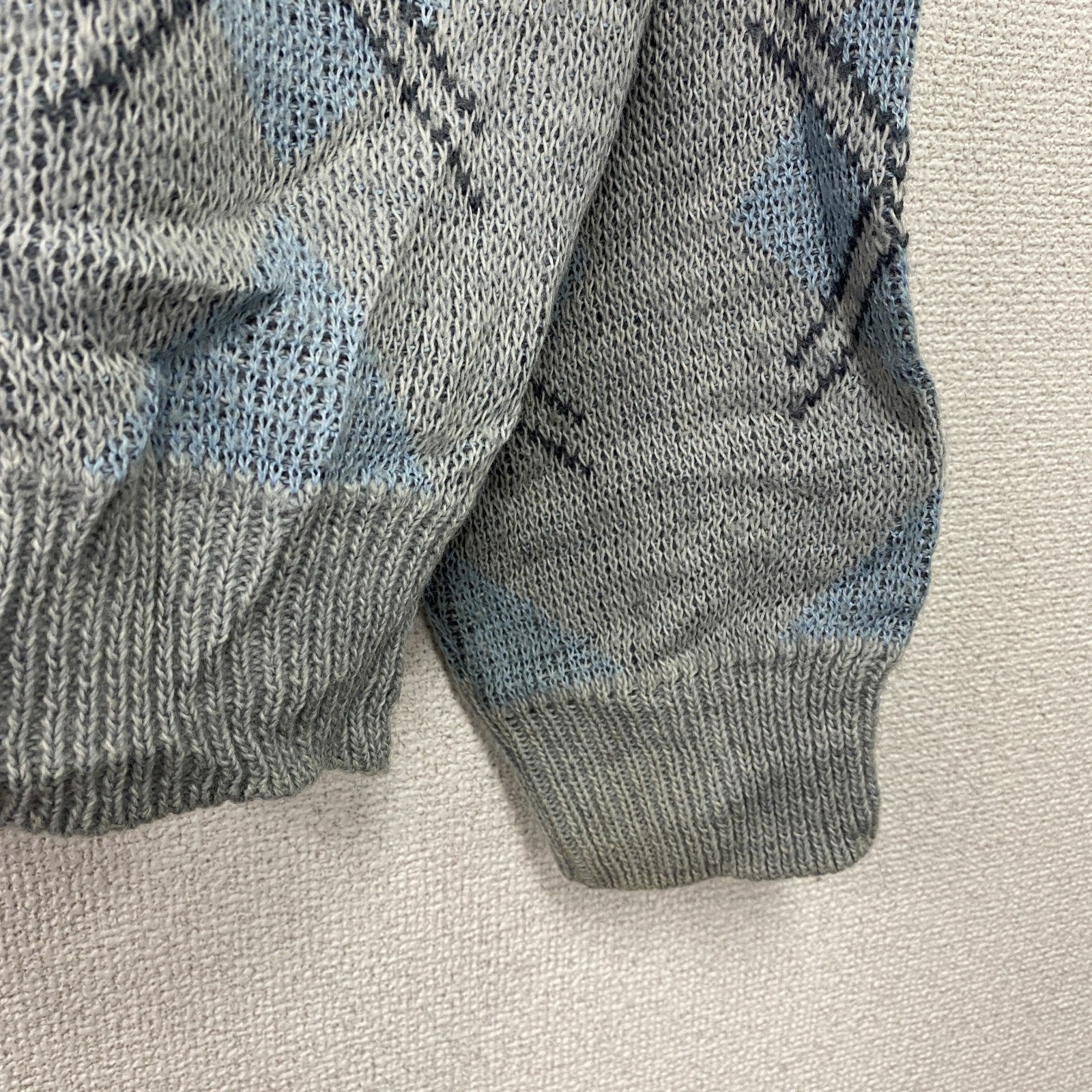 90s～　Pierre Monee　アクリルニットセーター　ダイヤモンド　総柄　ヴィンテージ　マルチカラー　灰色　グレー　ブルー　古着