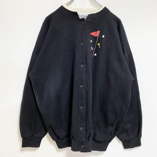 古着 used　USA製　MORNINGSUN　長袖スウェットカーディガン　プリント　ゴルフ　黒　ブラック　レトロ　XLサイズ