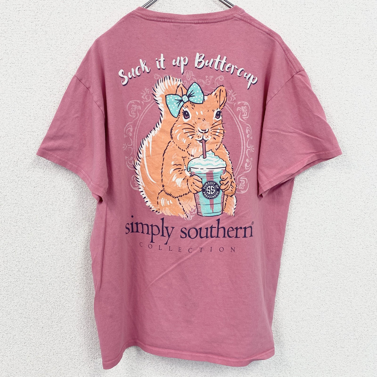 Simply Southern　半袖アニマル柄プリントTシャツ　ワンポイント　ピンク　リス　レトロ　Ｌサイズ　古着