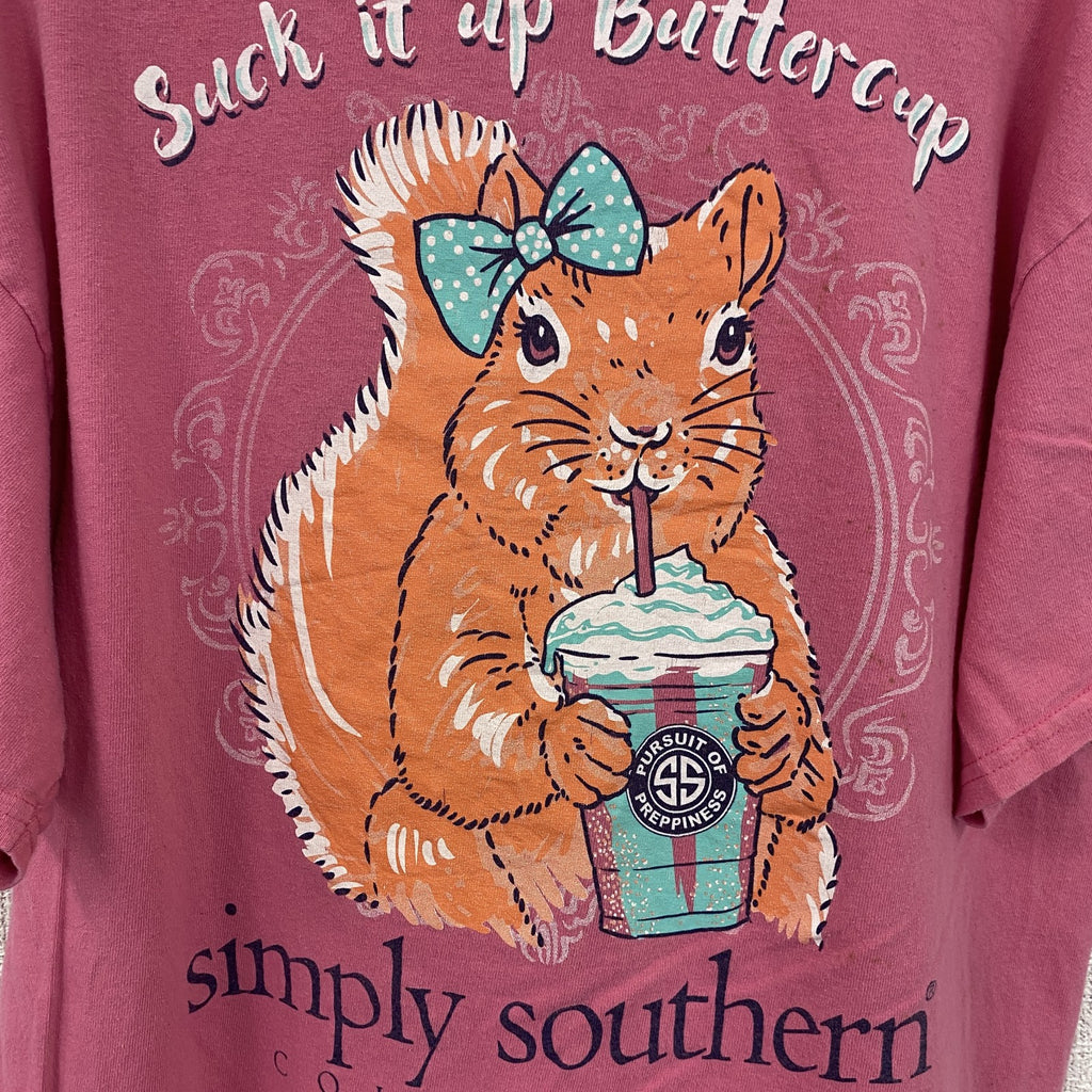 Simply Southern　半袖アニマル柄プリントTシャツ　ワンポイント　ピンク　リス　レトロ　Ｌサイズ　古着